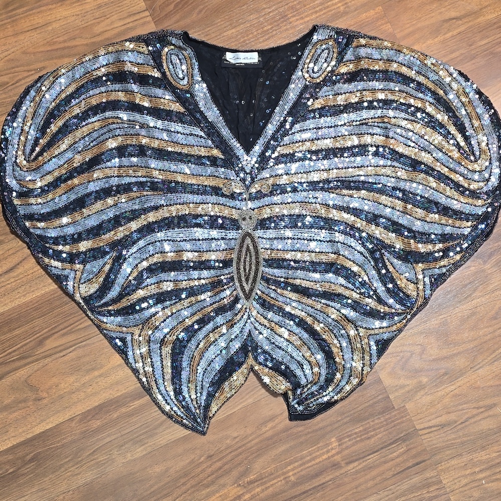 JUDITH ANN CREATIONS For Lillie Rubin Sequin silk Butterfly Top Vintage 80s